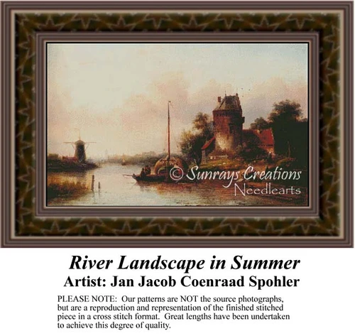 A peaceful river landscape in summer with a windmill and boats, yours to stitch as a counted cross stitch chart.