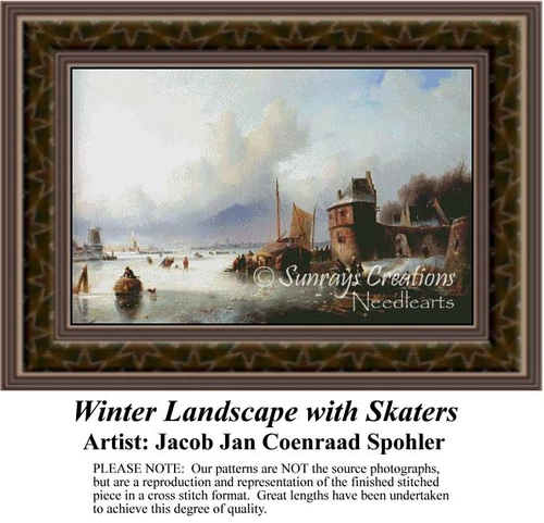 A winter landscape depicts skaters on ice with rustic buildings and boats along the shore, reimagined as a counted cross stitch pattern.
