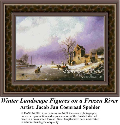 Winter Cross Stitch Patterns | Winter Landscape Figures on Frozen River - counted cross stitch pattern