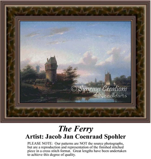 A serene riverscape with a ferry and tower under a cloudy sky, arranged as a counted cross stitch design by Jacob Jan Coenraad Spohler.
