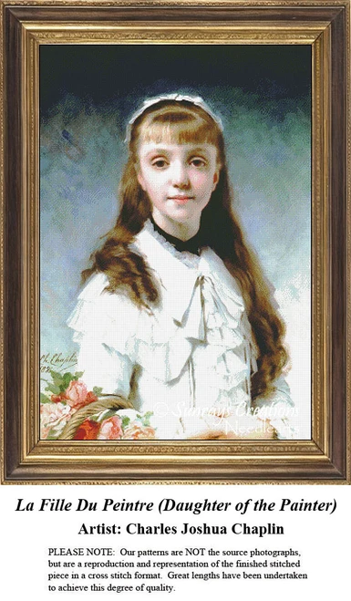 A young girl with long brown hair and a white dress holds a basket of pink flowers, brought to life as a counted cross stitch pattern.