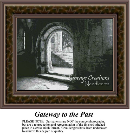 A stone archway leads into a darkened interior with stairs, preserved as a counted cross stitch pattern.