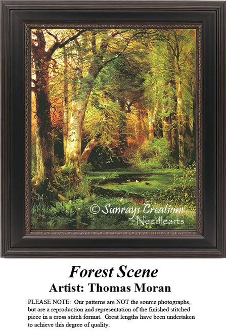 A vibrant forest scene with lush trees and wildlife thrives in an idyllic setting, immortalized as a counted cross stitch pattern.