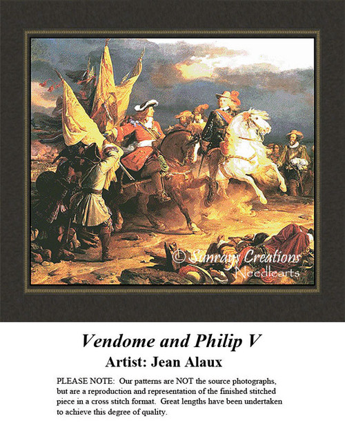 A military scene with horses and soldiers celebrating victory, composed as a counted cross stitch pattern by Jean Alaux.