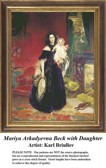 A woman in a dark dress holds her baby daughter in an elegant interior, captured as a counted cross stitch pattern by Karl Briullov.