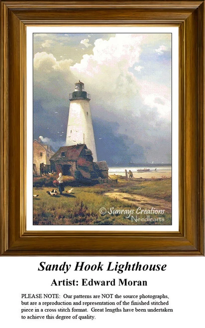 A white lighthouse stands against a stormy sky while a cottage and chickens are near the shore, preserved as a counted cross stitch pattern.
