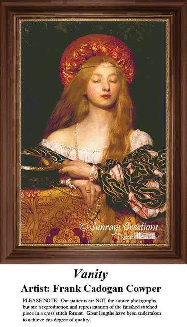 A woman with long hair and a golden halo wears richly patterned silk and pearls, designed as a counted cross stitch kit by Frank Cadogan Cowper.