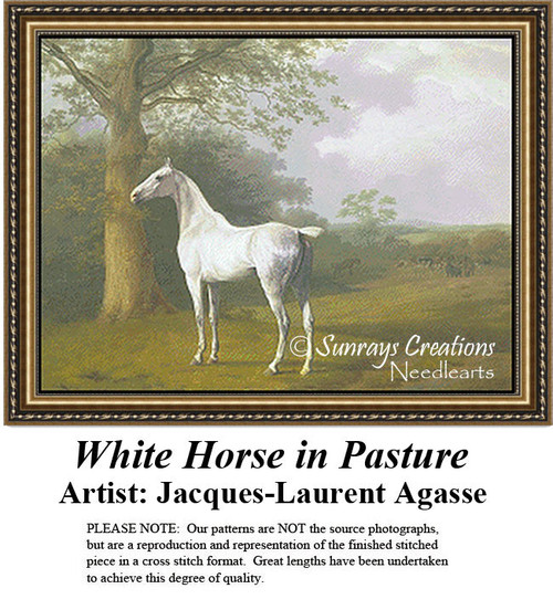 Fine Art Cross Stitch Patterns | White Horse in Pasture - counted cross stitch pattern