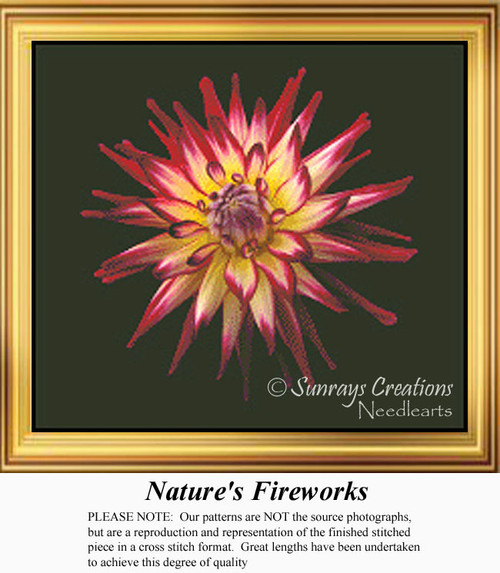 A large flower in scarlet and yellow blooms symmetrically, translated into a counted cross stitch design for a vibrant finish.