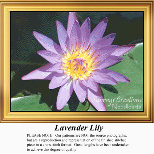 A lavender water lily blooms vividly against green leaves, created as a counted cross stitch pattern for an elegant design.