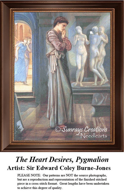 A woman stands in contemplation before her sculpted figures, arranged as a counted cross stitch design by Sir Edward Coley Burne-Jones.