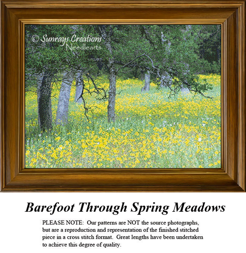A detailed counted cross-stitch pattern preview of the fine art landscape artwork, "Barefoot Through Spring Meadows." The serene design showcases a sunny meadow vibrant with yellow wildflowers beneath the shady boughs of gnarled woodland trees.