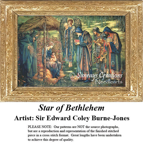 A serene manger scene depicts the Holy Family with the Three Kings and an angel, come to life as a counted cross stitch design.