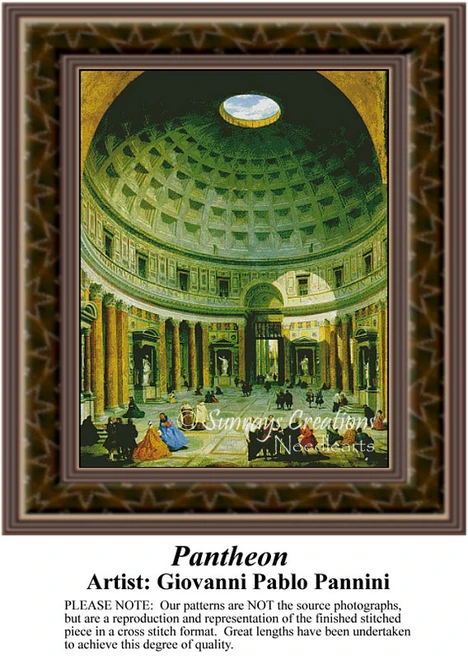 A grand interior of the Pantheon with a high domed ceiling, surrounded by columns, depicted in a printable pattern by Giovanni Paolo Pannini.