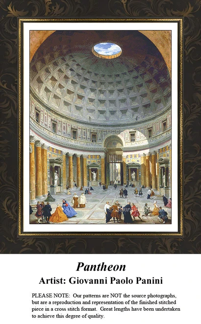 A grand interior of the Pantheon with a high domed ceiling, surrounded by columns, depicted in a printable pattern by Giovanni Paolo Pannini.