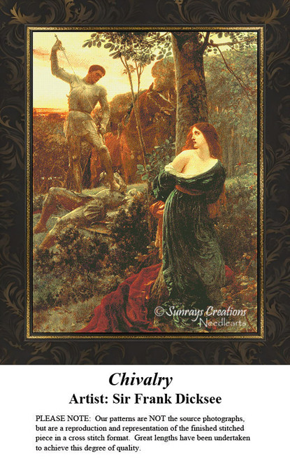 A knight in shining armor rescues a woman from danger, translated into a counted cross stitch design by Sir Frank Dicksee.