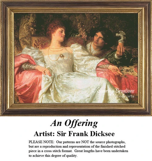 A man presents a silver figurine to a woman in opulent surroundings, yours to stitch as a counted cross stitch chart.
