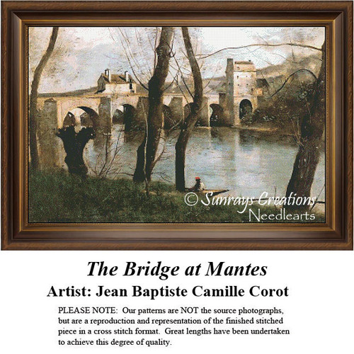 A serene scene of a stone bridge over the Seine River in Mantes, designed as a counted cross stitch design by Jean Baptiste Camille Corot.