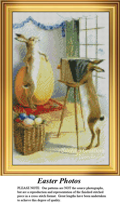 A rabbit stands by a large yellow egg while a photographer takes its picture, waiting as your next cross stitch project.