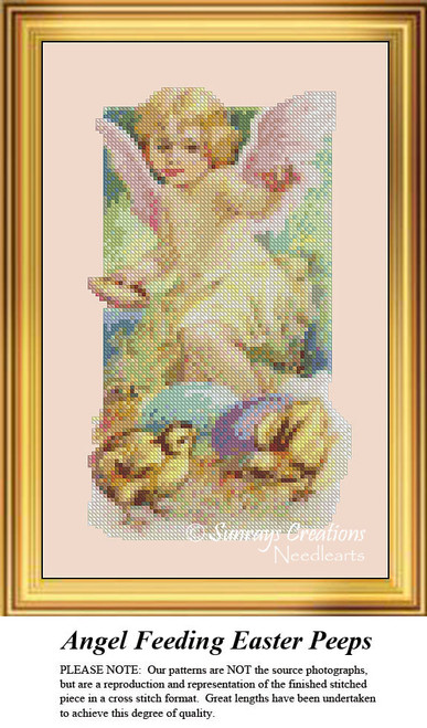 An angel feeds a pair of Easter chicks, surrounded by colorful elements, ready for your next cross stitch project.