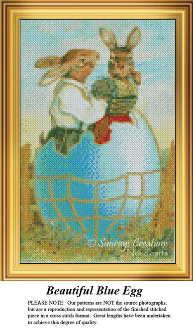 A whimsical xstitch pattern from Sunrays Creations showing two bunnies emerging from a large blue egg against a soft, pastel background.