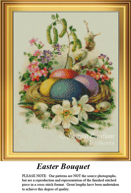 A nest filled with colorful Easter eggs is surrounded by vibrant flowers and greenery, reimagined as a counted cross stitch pattern.