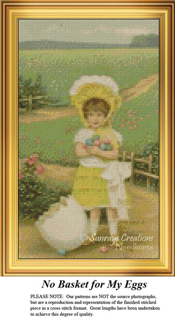 A little girl stands in a field holding colorful Easter eggs, reimagined as a counted cross stitch pattern.