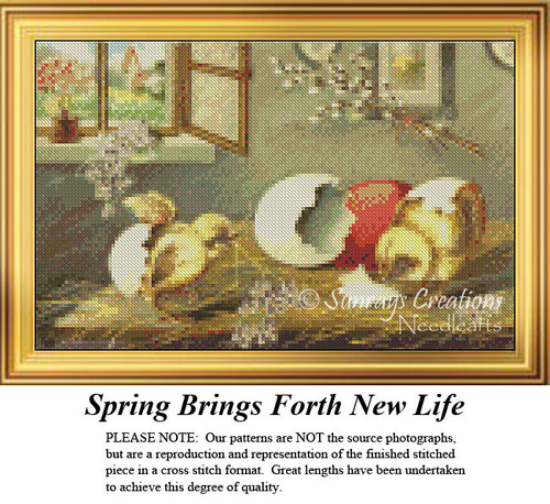 A spring scene with two chicks hatching among broken egg shells, an open window, and pussy willows, shown as a printable pattern for cross stitch.