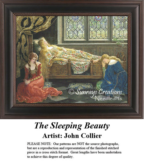 A serene scene shows Sleeping Beauty in bed as two maidens keep watch, designed as a cross stitch project by artist John Collier.
