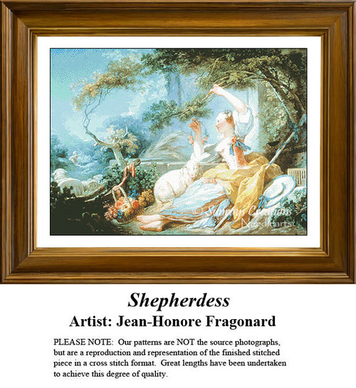 A smiling woman dressed in Bo peep attire rests on a veranda with grazing sheep nearby, composed as a counted cross stitch pattern.