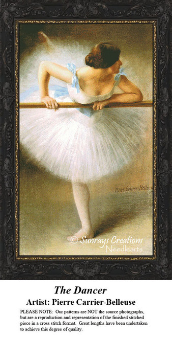 A ballerina practices her stretches at a bar, transformed into a counted cross stitch pattern inspired by Pierre Carrier-Belleuse.