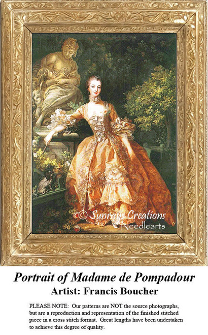 A woman in an elaborate orange gown stands gracefully beside a statue, captured as a counted cross stitch pattern.