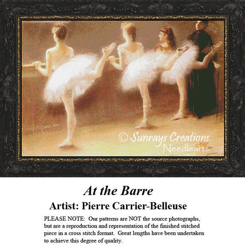 A PDF pattern of three ballet students at the barre in white tutus, with an instructor, designed from a painting by Pierre Carrier-Belleuse.