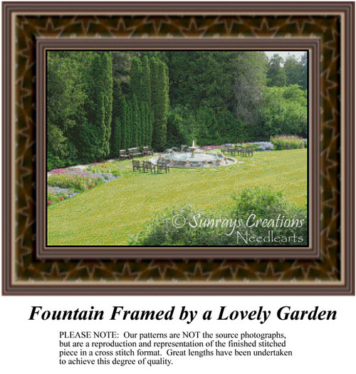 A round fountain surrounded by lush, tall green trees sits in a vibrant garden, offered as a downloadable pattern for cross stitch enthusiasts.