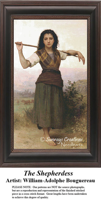 A young woman in peasant clothing stands with a crook in a pastoral scene, brought to life as a counted cross stitch pattern.
