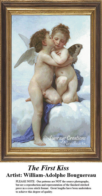 Two cherubic children kiss tenderly among fluffy clouds, transformed into a counted cross stitch pattern by artist William-Adolphe Bouguereau.