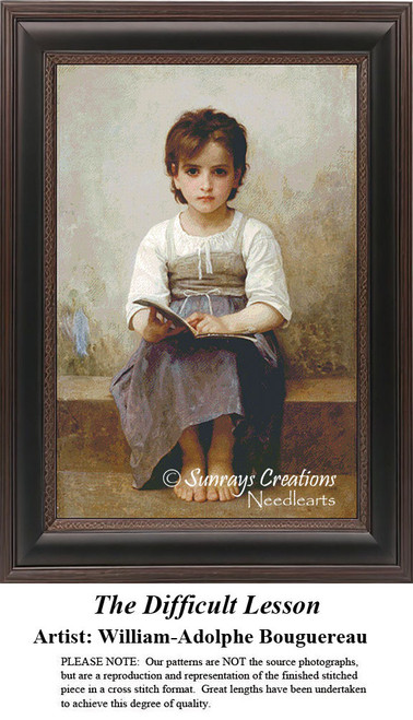 A young girl sits on a stoop, puzzled by her school lesson, translated into a counted cross stitch design by William-Adolphe Bouguereau.