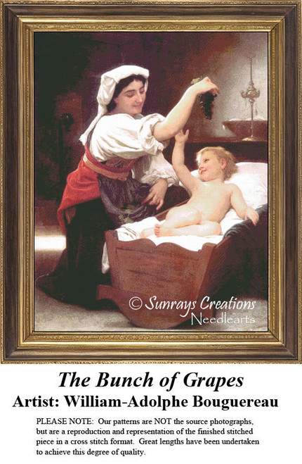 A young woman holds grapes above a cradle, amusing a laughing baby, preserved as a counted cross stitch pattern by William-Adolphe Bouguereau.