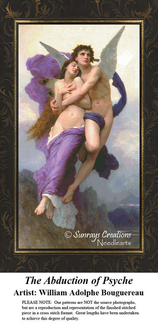 A winged Cupid embraces Psyche in a tender moment, composed as a counted cross stitch pattern from William Adolphe Bouguereau's art.