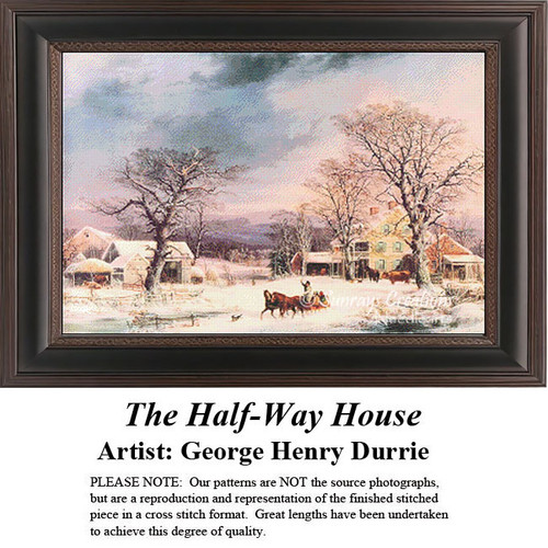 A winter scene with a man in a sleigh near a tavern, designed as a digital file from George Henry Durrie's painting, The Half-Way House.