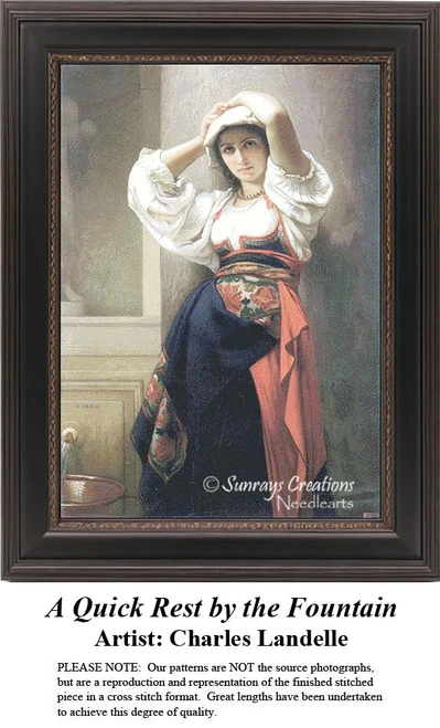 A young woman rests with her arms crossed by a fountain, captured as a counted cross stitch pattern by artist Charles Landelle.