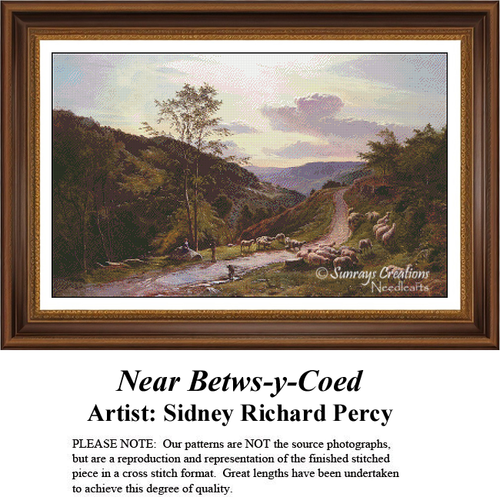 A serene landscape with a winding path bordered by trees, beneath a soft sky, envisioned as a counted cross stitch kit by Sidney Richard Percy.