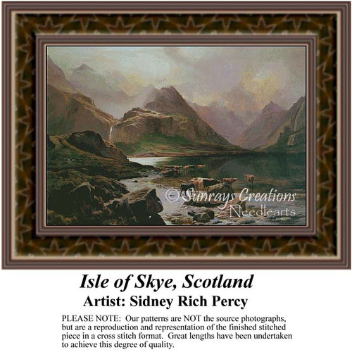 A serene landscape of the Isle of Skye, Scotland, with rolling hills and cows, framed as a counted cross stitch chart.