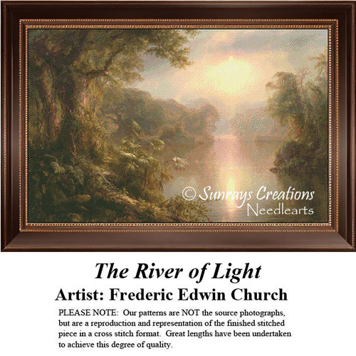 A tranquil river flows through a lush rainforest, illuminated by golden sunlight, come to life as a counted cross stitch design.