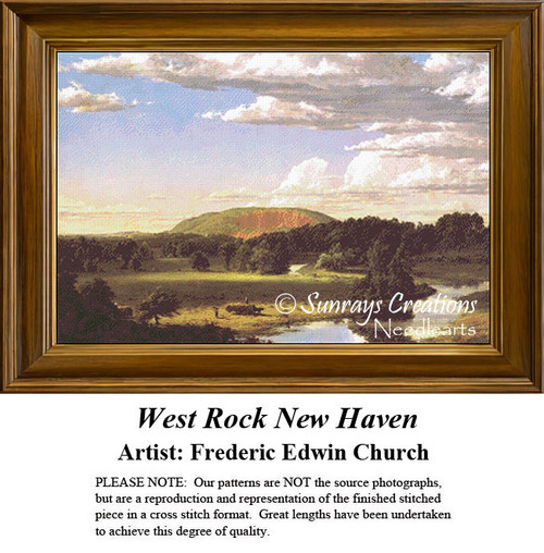 A serene landscape with a distant hill under a cloudy sky, depicted as a counted cross stitch pattern by Frederic Edwin Church. Yours as a counted.