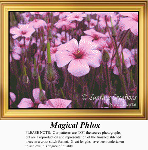 A mass of cheerful pink flowers fills the scene in this xstitch pattern, highlighting their solid colors and vibrant appearance on a dark background.