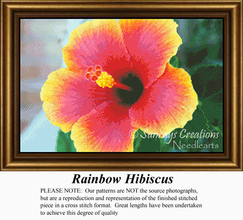 A vibrant hibiscus flower in watermelon hues with yellow edges and a golden center, surrounded by lush green leaves, shown as an xstitch chart.