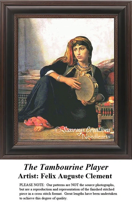 A Romani woman sits on a rug, holding a tambourine in a small room, available as a counted cross stitch pattern.