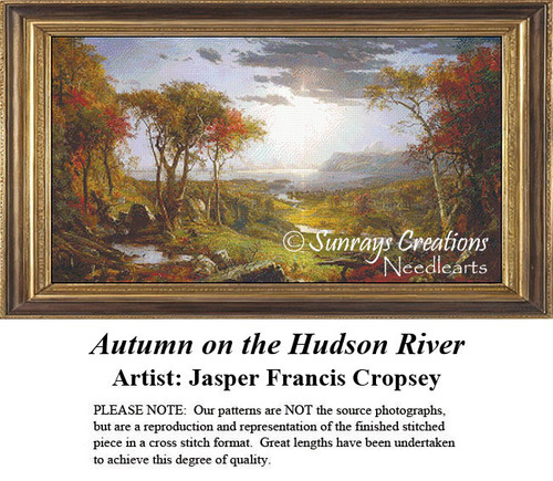 A vibrant landscape with colorful autumn trees and the Hudson River flows through, created as a counted cross stitch pattern by Jasper Francis.
