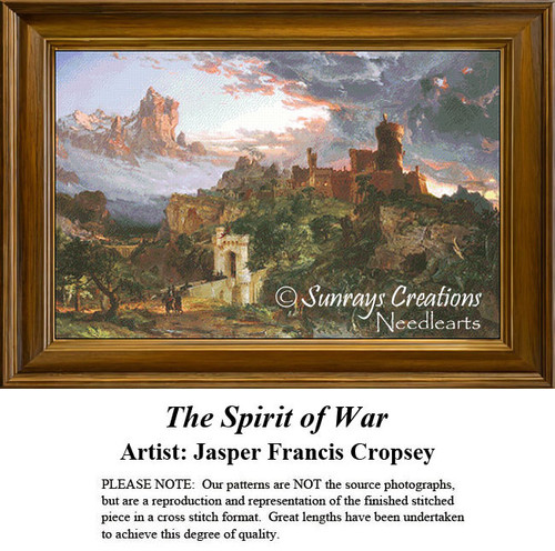 A rugged landscape with a fortress on a hill as the central focus, created as a counted cross stitch pattern by artist Jasper Francis Cropsey.